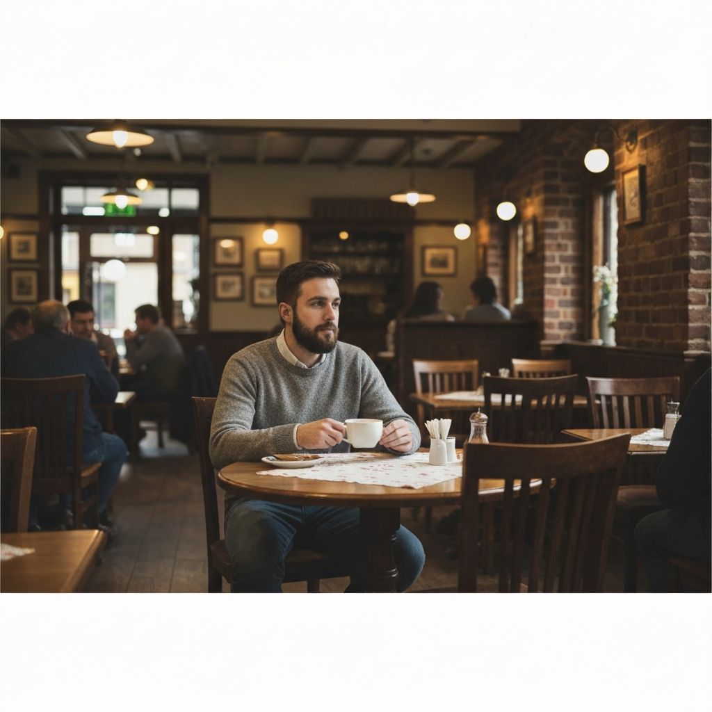 A relaxed moment in a café, person enjoying lunch with a warm drink