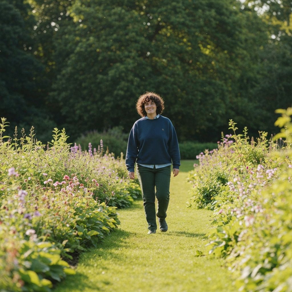 A person taking a gentle walk outside in a peaceful green space